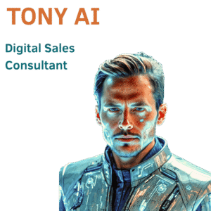 Hombre con chaqueta futurista con luces digitales, TONY AI, Consultor de Ventas Digitales
