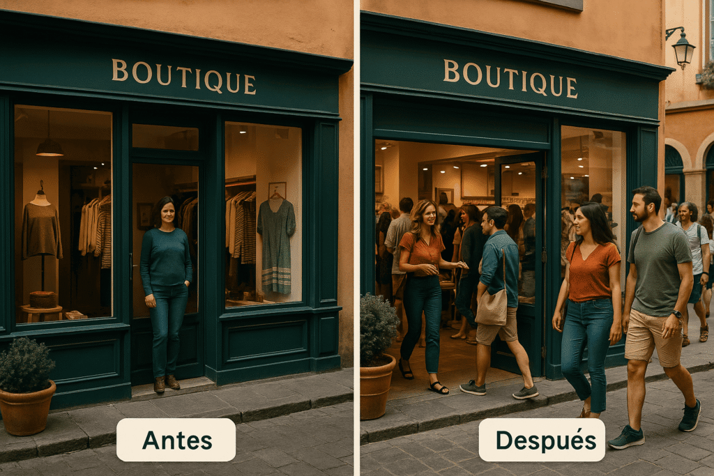 Imagen fotorealista que muestra el antes y después de una boutique en una zona turística, ilustrando cómo la inteligencia artificial impulsa la digitalización, aumenta el flujo de clientes y mejora la eficiencia operativa en negocios locales.