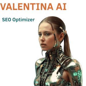 Mujer con traje futurista y componentes cibernéticos, VALENTINA AI, Optimizadora SEO