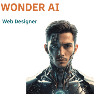 Hombre con traje cibernético y rostro futurista con circuitos, WONDER AI, Diseñador Web
