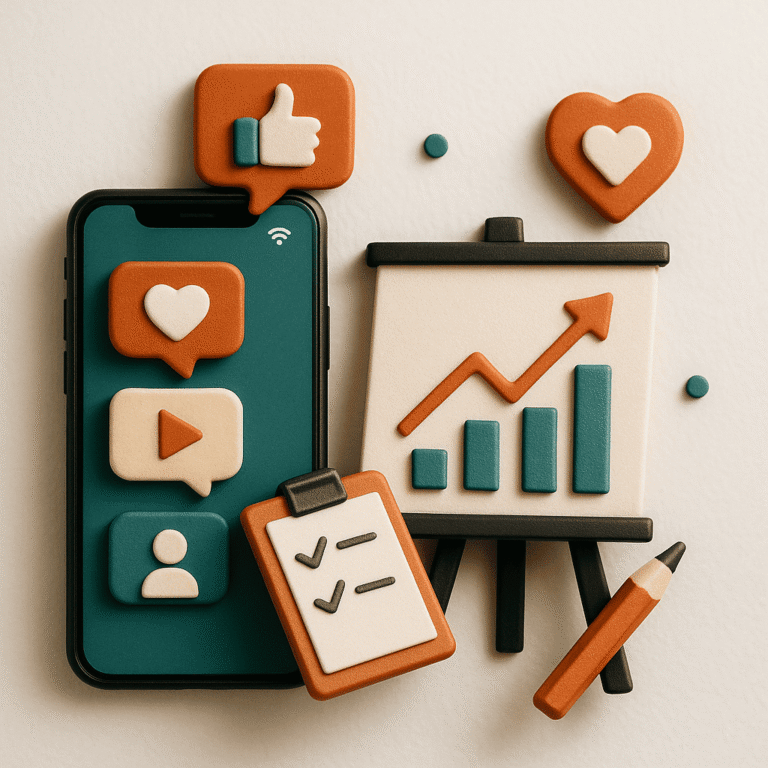 "Gráfico con iconos de redes sociales, estadísticas de crecimiento y elementos de marketing digital"